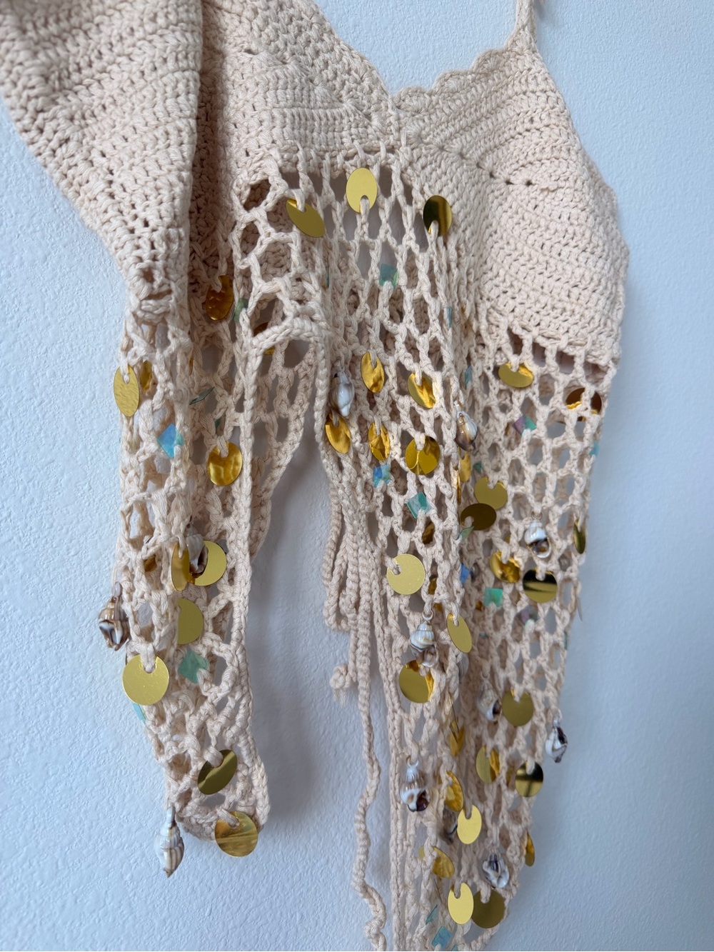Beige Crochet Sequin Tie-Shoulder Tank Top - Picture 3 of 5